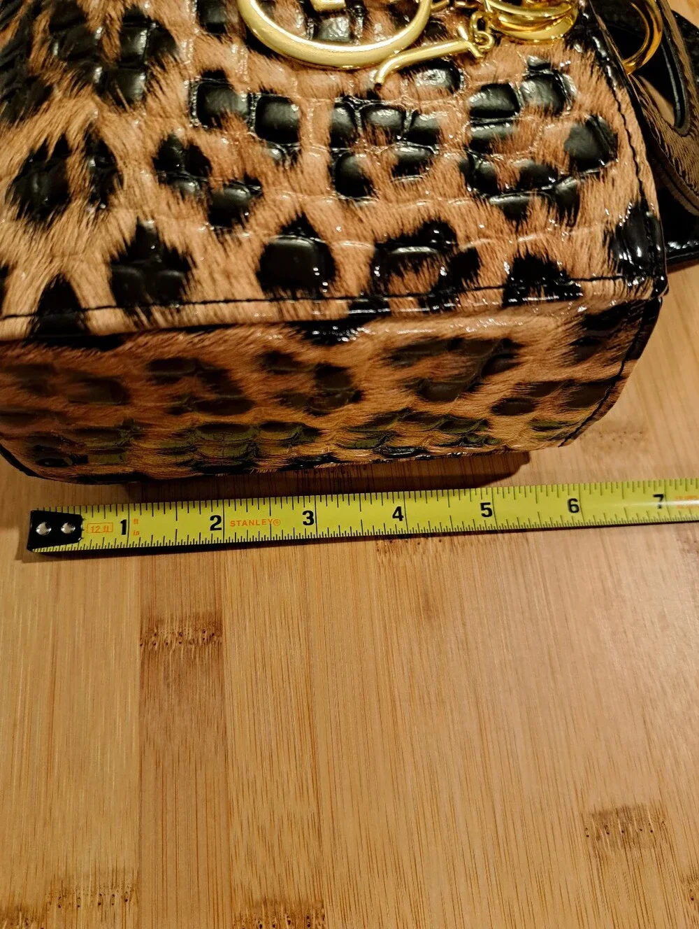 Textured Hard-Sided Leopard Print Satchel, Gold Hardware & Letter Charms, Twilly